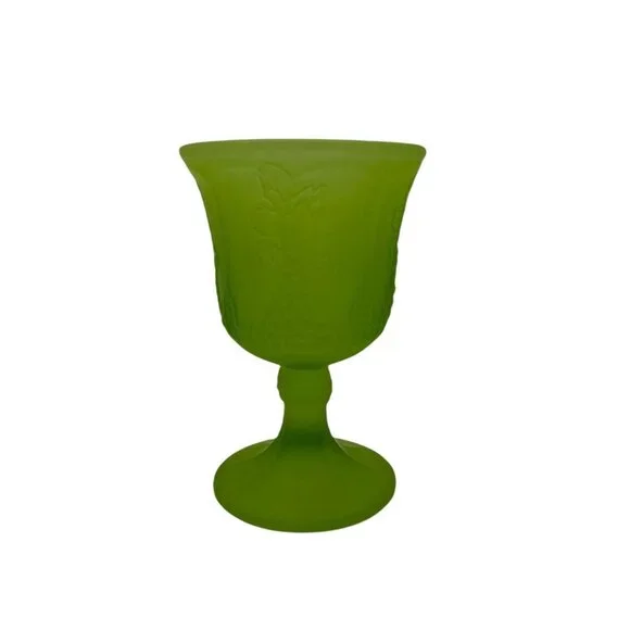 Vintage MCM Indiana Glass Frosted Satin Green Goblet Harvest Grape Pattern 5.25" - Picture 2 of 5